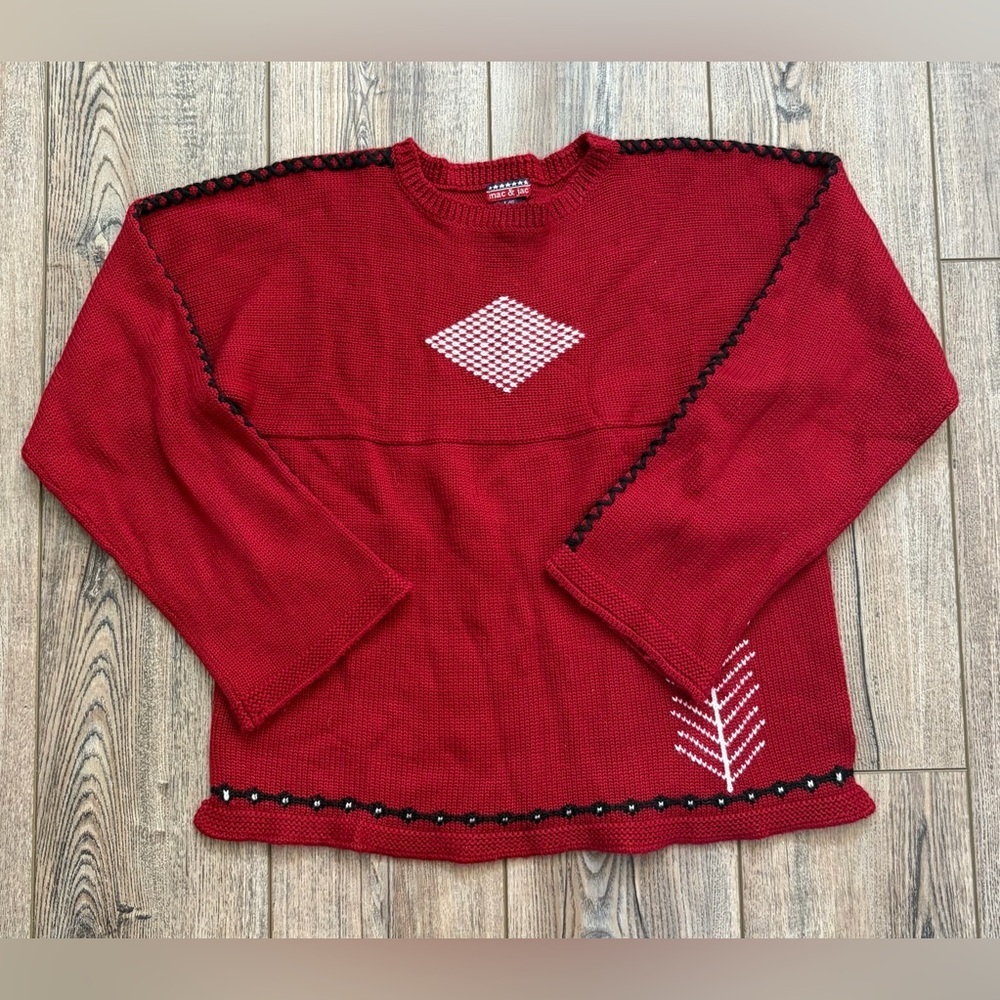 Vintage Mac & Jac Red Knit Sweater Large 80s 90s Wool Blend Retro Cottagecore